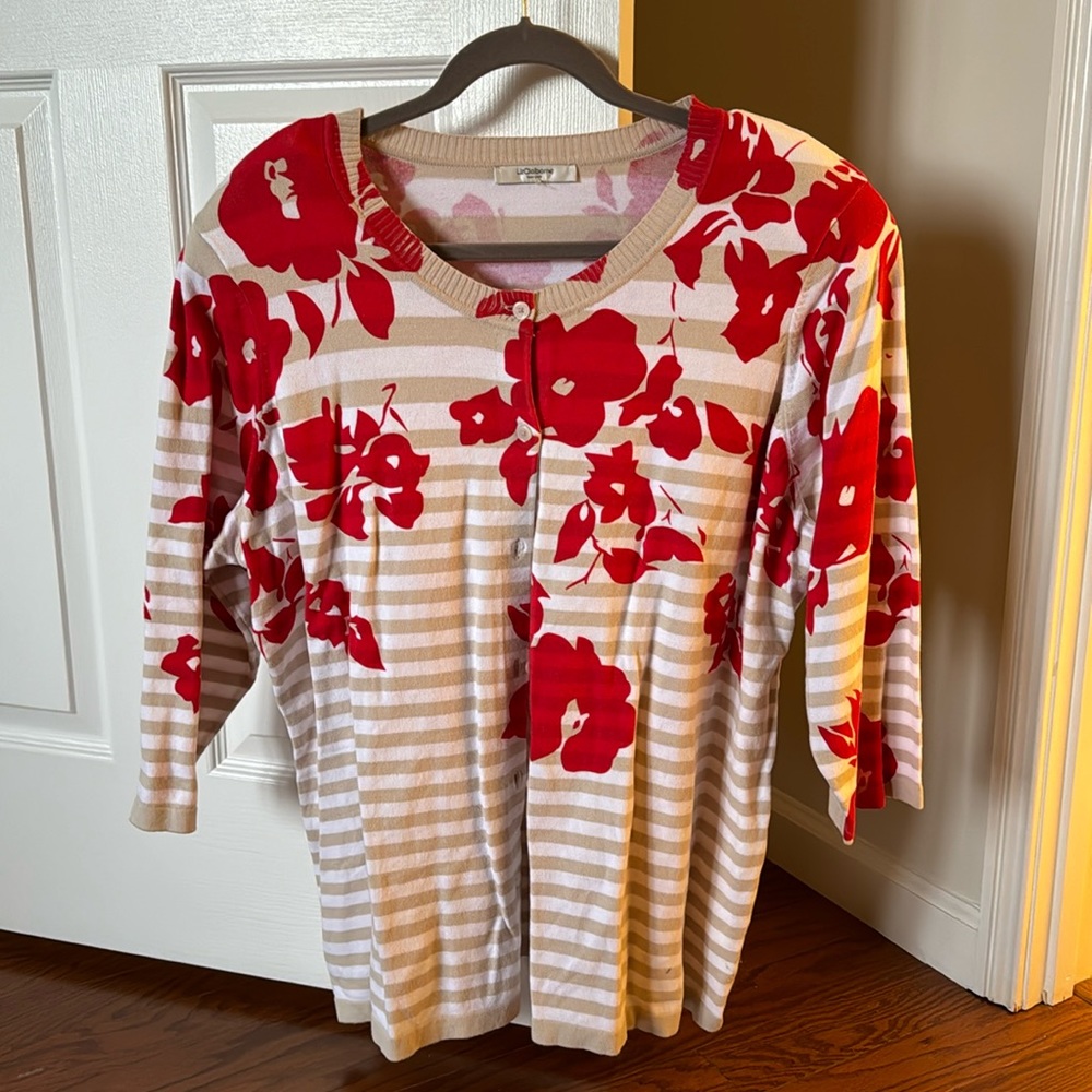 Tan and white stripe sweater with red flowers